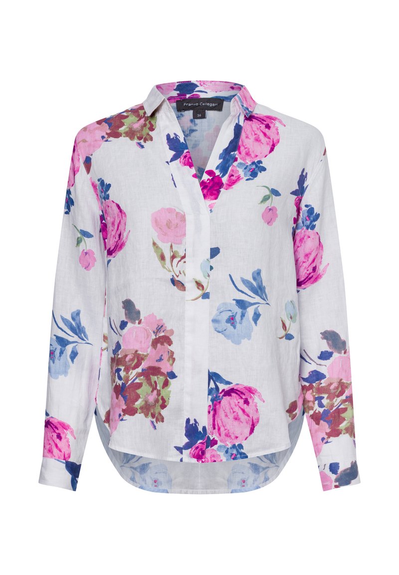 White floral button-up shirt featuring pink, blue, and green flowers with a relaxed fit, long sleeves, and a curved hem.