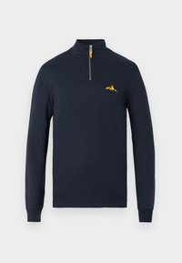 Marineblauwe langemouwen pullover met een kwart rits en een geel berglogo op de borst. Zachte stof met een gladde textuur.