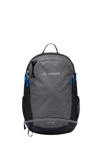 Sac à dos en tissu gris avec des accents noirs, doté de poches zippées, de poches latérales en mesh et de tirettes de fermeture éclair bleues. Nom du modèle "CITON 30."