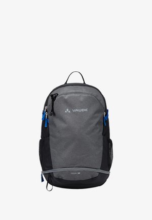 Sac à dos en tissu gris avec des accents noirs, doté de poches zippées, de poches latérales en mesh et de tirettes de fermeture éclair bleues. Nom du modèle "CITON 30."