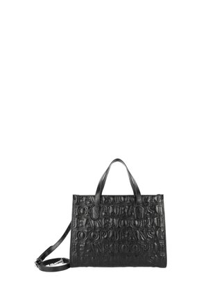 Borsa a tracolla in pelle nera con motivo a logo in rilievo, due manici superiori e tracolla removibile. Forma rettangolare con texture liscia.