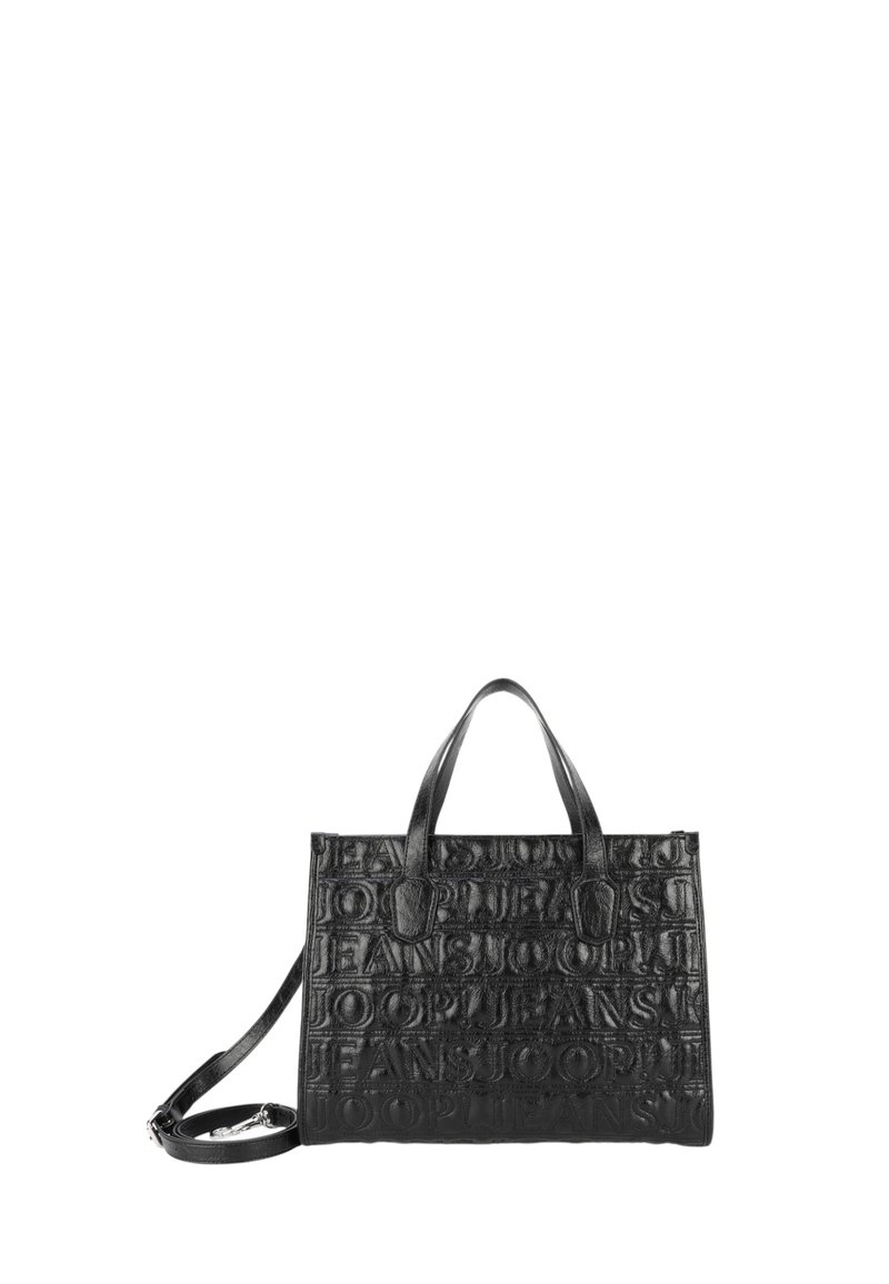 Borsa a tracolla in pelle nera con motivo a logo in rilievo, due manici superiori e tracolla removibile. Forma rettangolare con texture liscia.