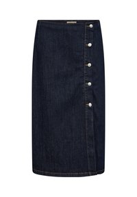 Mörkblå denimkjol med rak design, prydd med fem silverknappar längs den vänstra sömmen och kontrasterande orange sömnad.