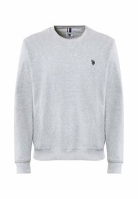 Felpa grigia chiara con collo tondo, polsini e orlo a costine, caratterizzata da un piccolo logo nero sul petto. Tessuto morbido, design classico.