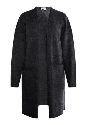 Cardigan lungo aperto grigio scuro, realizzato in morbido tessuto a maglia. Presenta due tasche frontali e una silhouette rilassata con maniche lunghe.