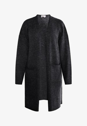 Hosszú, nyitott elülső kardigán sötétszürke színben, puha kötött anyagból készült. Két elülső zsebbel és laza szabásvonalával, hosszú ujjakkal rendelkezik.