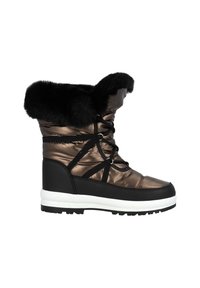 Bota metálica marrón aislante con puño de pelo sintético negro, diseño de cordones, suela de goma y entresuela blanca, con un upper texturizado.