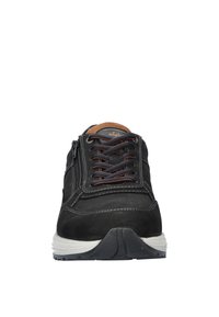 Black sneakers featuring a suede and mesh upper, orange accents on laces, a contrasting white and black sole, and a zip closure on the side.