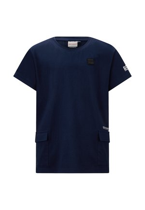 T-shirt blu navy a manica corta in cotone, con scollatura rotonda, due tasche laterali e dettagli con logo sulla manica e sul davanti.