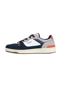 Navy and gray suede sneakers with mesh accents, white logo, red accent, round toe, and rubber sole. Laced design with padded collar.