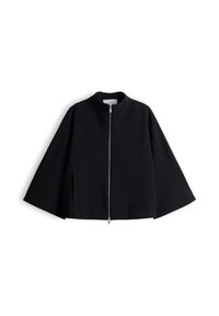 Black cape-style jacket with front silver zipper, stand collar, and side slit pockets, displayed on white background.