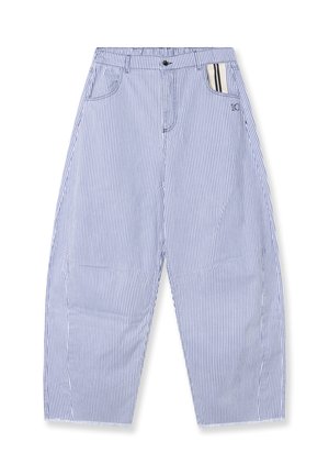 Pantalon rayé bleu et blanc en tissu léger, doté d'une fermeture à boutons, de deux poches avant et d'une coupe décontractée.