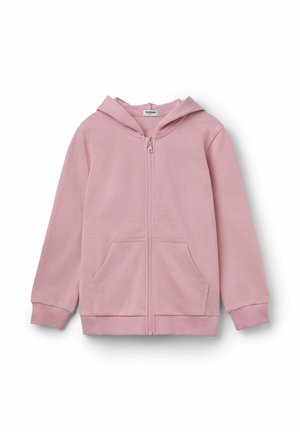 Sudadera ligera con cremallera para niños de color rosa claro, con capucha integrada y bolsillos delanteros, exhibida sobre un fondo blanco.