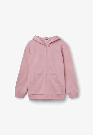 Sudadera ligera con cremallera para niños de color rosa claro, con capucha integrada y bolsillos delanteros, exhibida sobre un fondo blanco.