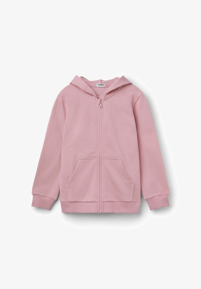 Sudadera ligera con cremallera para niños de color rosa claro, con capucha integrada y bolsillos delanteros, exhibida sobre un fondo blanco.