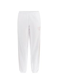 Witte sweatpants met een elastische tailleband, taps toelopende boorden en een subtiele roze logo op de linkerdij. Gemaakt van zachte, ademende stof.