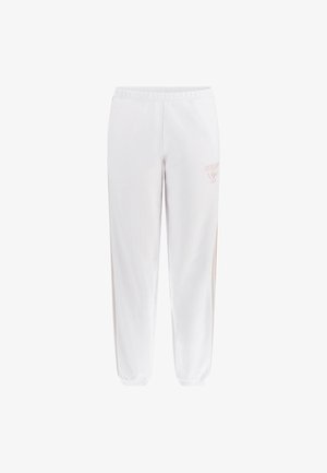 White sweatpants with elastic waistband, tapered cuffs, and subtle pink logo on the left thigh. Made from soft, breathable fabric.