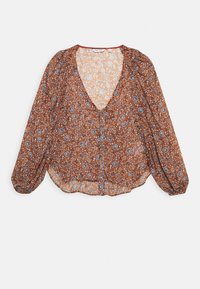 Blusa floreale marrone con scollatura a V, maniche lunghe a sbuffo, chiusura a bottoni e un tessuto leggero e trasparente con motivi blu e bianchi.