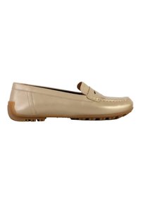 Mocassini slip-on in pelle dorata con punta arrotondata, accentuazione decorativa con cuciture, suola in gomma e design a profilo basso.
