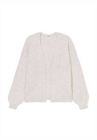 Ljusgrå öppen cardigan i mjukt stickat material. Har långa, något ballongformade ärmar och en avslappnad passform. Ingen stängning.