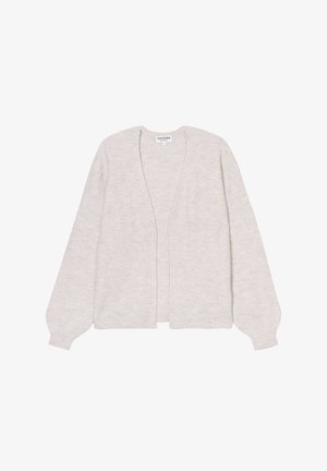 Cárdigan ligero en gris claro, abierto por delante y confeccionado en suave tejido de punto. Presenta mangas largas, ligeramente abullonadas y un ajuste relajado. Sin cierres.