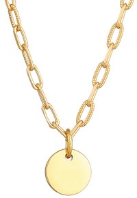 Gold-colored necklace featuring elongated, linked chain segments and a round, smooth pendant hanging from a ring.