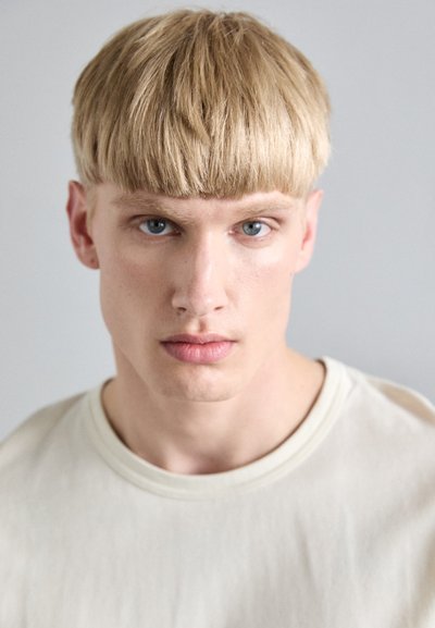 Portretul unei persoane cu păr drept, blond deschis; îmbrăcată cu o cămașă crem, cu mânecă scurtă. Trăsături faciale bine definite și ochi albaștri.