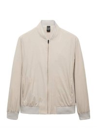 Beige Bomberjacke mit Stehkragen, Reißverschluss vorne, elastischen Bündchen und Saum, glattem Stoff und Seitentaschen für einen nahtlosen Stil.