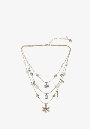 Gouden-laag halsketting met verschillende kralen, kristallen en sneeuwvlokbedels. Inclusief een sluiting en een verstelbare kettingverbinding.