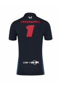 Niebieska koszulka polo z krótkim rękawem, z czerwonym numerem "1" i napisem "VERSTAPPEN" na plecach, z niebieskimi paskami po bokach oraz białym logo.