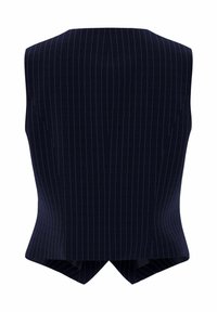 Marinblå ärmlös topp med vertikala vita randningar, med rundad halsringning och en distinkt klippt bakslutdesign.