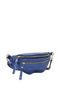 Sac banane bleu métallisé avec deux zippers dorés, sangle ajustable et surface texturée. Dispose de deux compartiments zippés à l'avant pour le rangement.
