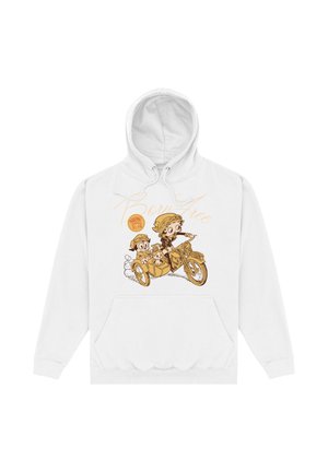 Hvid hættetrøje med et brunt tegneseriedesign af tre figurer, der kører på en motorcykel med sidevogn og teksten "Born Free" over dem.