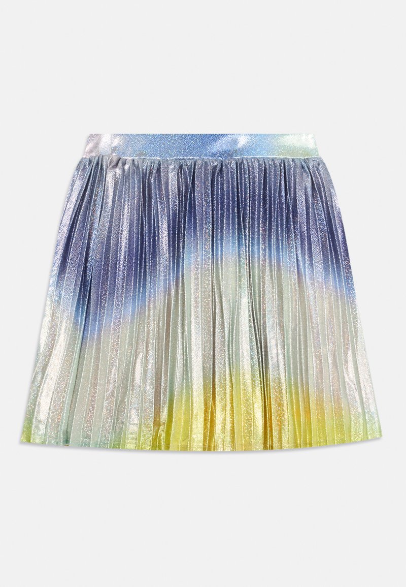 Plisserad kjol i iriserande tyg, med en gradient av blå, silver och gula nyanser samt ett skimrande midjeband.