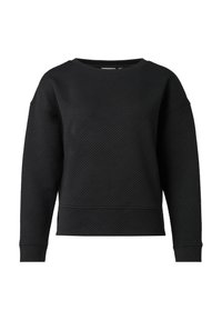 Schwarzer Sweatshirt mit einem strukturierten, geometrischen Muster, rundem Halsausschnitt und langen Ärmeln. Hergestellt aus dickem, geripptem Material für Wärme.
