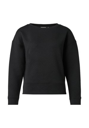 Black sweatshirt featuring a textured, geometric pattern, round neckline, and long sleeves. Crafted from thick, ribbed material for warmth.