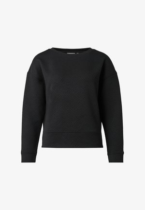 Black sweatshirt featuring a textured, geometric pattern, round neckline, and long sleeves. Crafted from thick, ribbed material for warmth.
