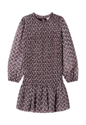 Vestito a maniche lunghe con motivo a zigzag in nero, bianco e rosa, con scollatura tonda e orlo della gonna arricciato.