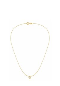 Zlatý retiazkový náhrdelník s kruhovým príveskom, uprostred s jasným kameňom. Jemný a minimalistický dizajn s precízne prepletenými článkami.