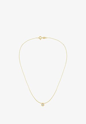 Złoty łańcuszek z okrągłą zawieszką, z przezroczystym kamieniem w środku. Delikatny i minimalistyczny design z misternie splecionymi oczkami.