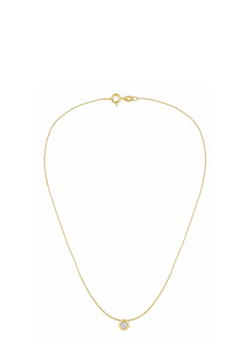 Zlatý retiazkový náhrdelník s kruhovým príveskom, uprostred s jasným kameňom. Jemný a minimalistický dizajn s precízne prepletenými článkami.