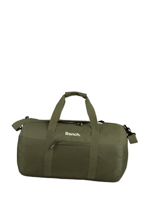 Olivgrüne Reisetasche aus strapazierfähigem Material, mit zwei stabilen Griffen, einem verstellbaren Schultergurt und einer frontalen Reißverschlusstasche.