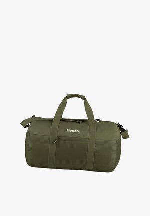 Olivgrüne Reisetasche aus strapazierfähigem Material, mit zwei stabilen Griffen, einem verstellbaren Schultergurt und einer frontalen Reißverschlusstasche.