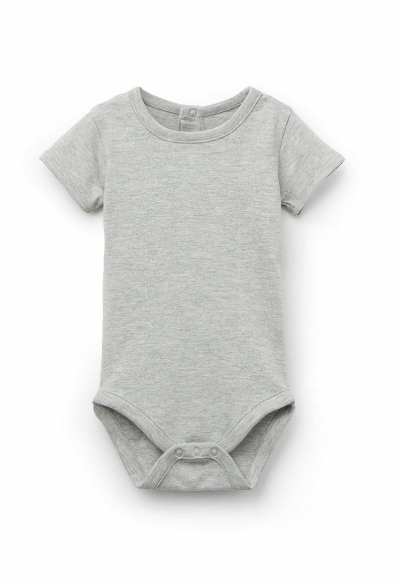 Šedý body s krátkým rukávem vyrobený z jemné bavlny. Obsahuje zapínání na knoflíky ve spodní části a kulatý výstřih. Hladká textura, jednoduchý design.