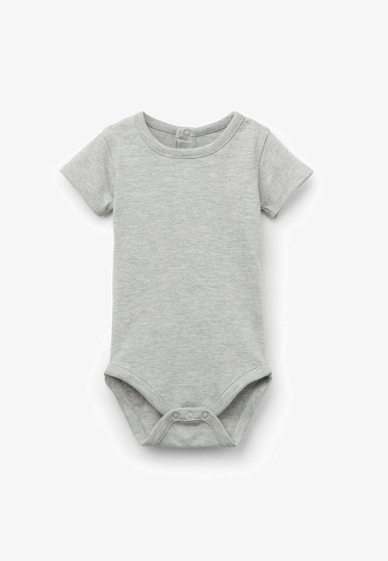 Szary bodysuit z krótkim rękawem, wykonany z miękkiej bawełny. Posiada zapięcia na napy na dole oraz okrągły dekolt. Gładka struktura, prosty design.