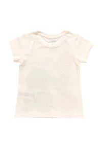 Valkoinen lyhythihainen taaperon T-paita, jossa kankaan läpi näkyy heikko varjo painetusta kuvasta sisältä päin.