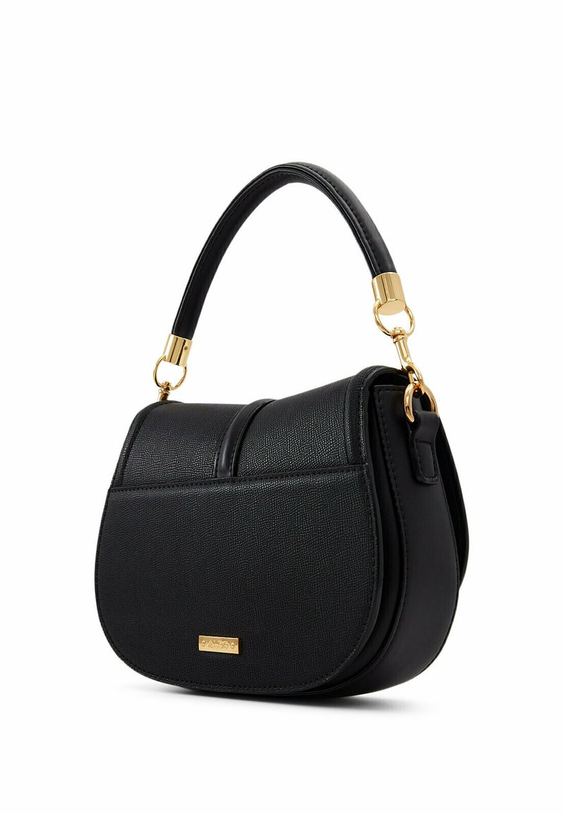 Borsa a mano in pelle nera testurizzata con pattina curva, manico corto e dettagli in metallo dorato, inclusi il logo e le chiusure.