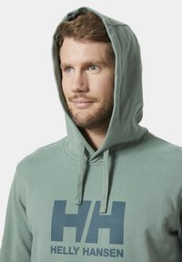 Sudadera verde claro con capucha ajustable, que presenta un gran logotipo azul "HH" y el texto "HELLY HANSEN" en la parte delantera. Textura de tela suave.