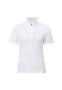 Bela kratka majica s kratkimi rokavi in visoko naborkano ovratnico, sprednja zadrga okrašena z enim samim dekorativnim gumbom ter gladko teksturo.