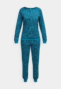 Σετ πιτζάμας τιρκουάζ με μοτίβο λεοπάρ. Τοπ με μακριά μανίκια και στρογγυλή λαιμόκοψη, παντελόνι με καμπύλη γραμμή και μανσέτες στους αστραγάλους. Μαλακό ύφασμα.